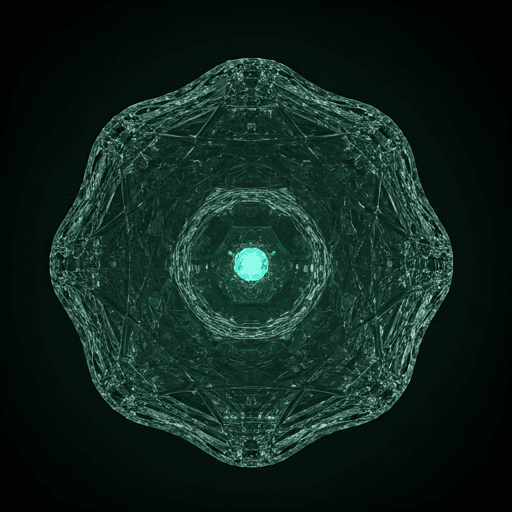 Monochrome neural architecture visualization forming a circular mesh.