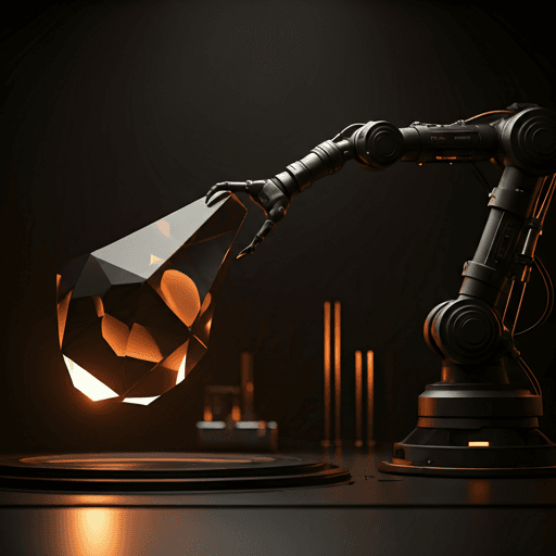 Robotic arm manipulating a faceted object in a dark precision lab.