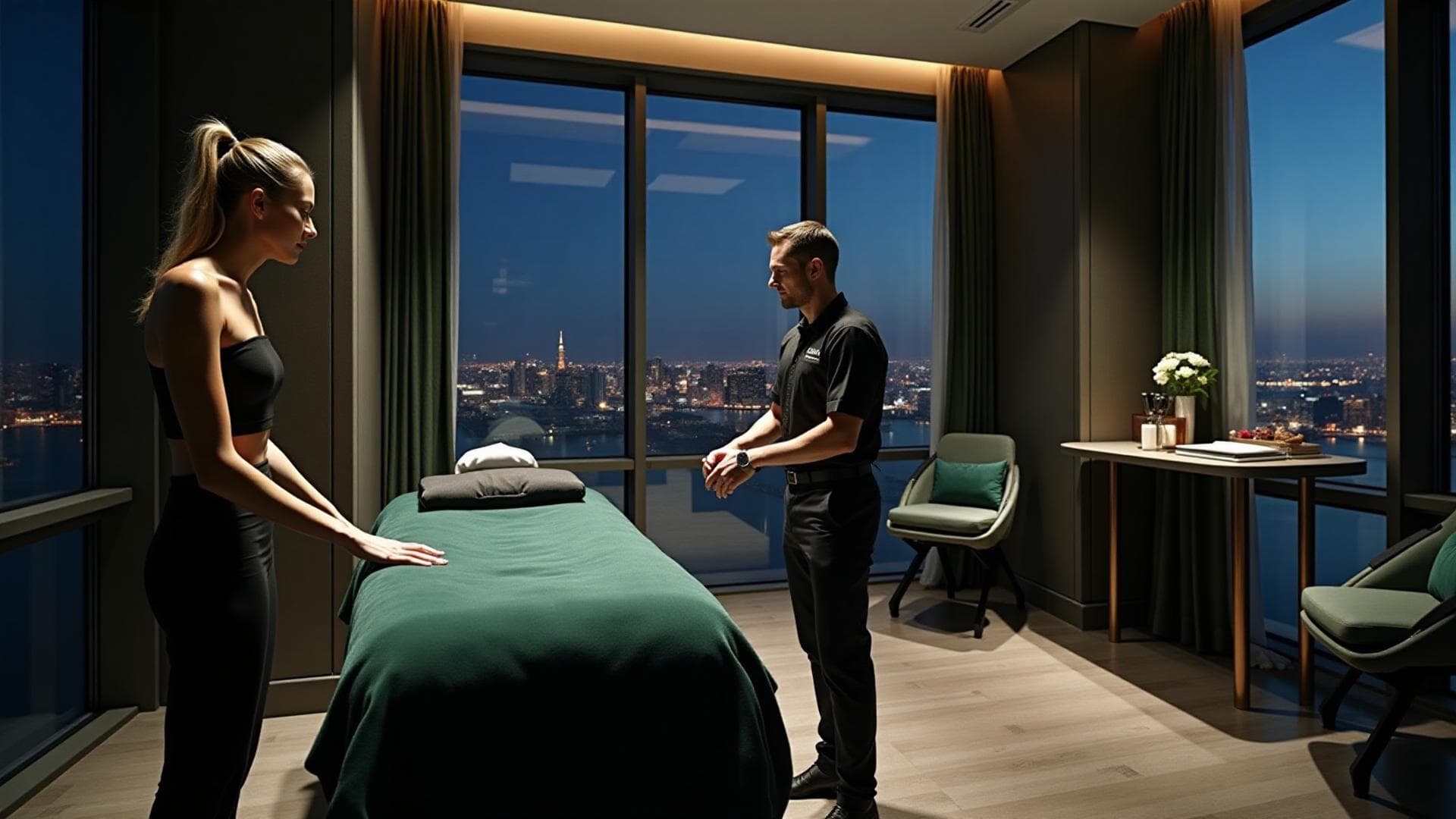 Luxury mobile massage room with a therapist preparing a treatment table in a high-rise setting.