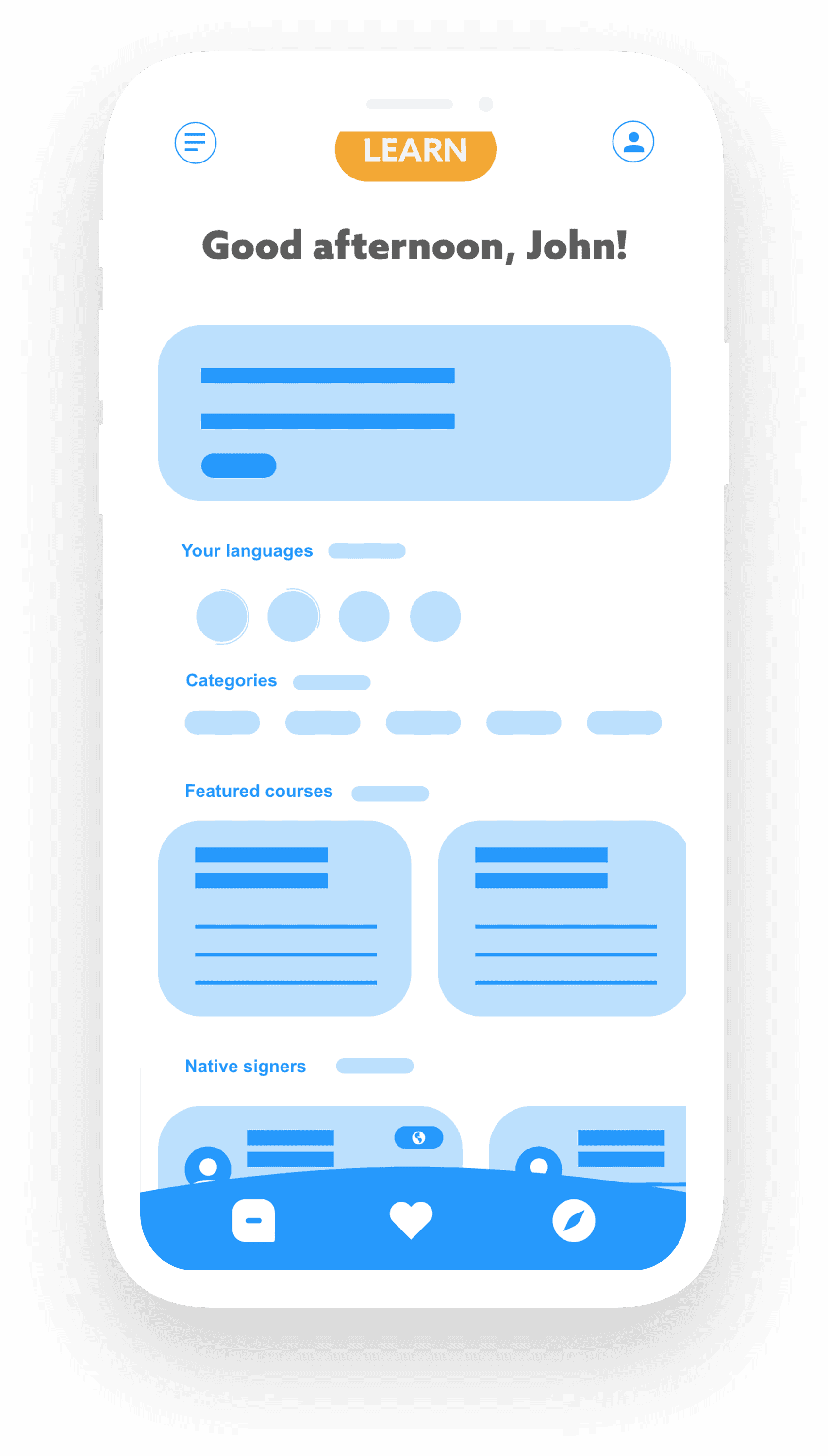 SignMates Learn mode iPhone mockup with courses and native signers.
