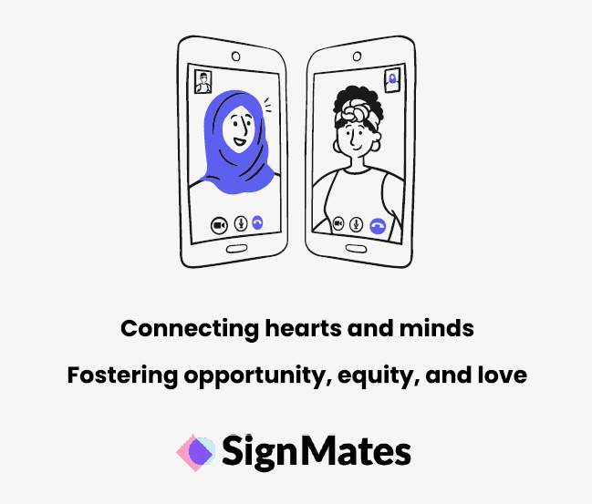 SignMates poster showing app screens for dating, professional networking, sign-language learning, and a location-based event heatmap.